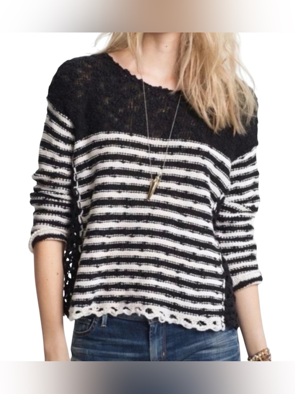 EUC FREE PEOPLE FRENCH CREEK OVERSIZE BLACK & WHITE CROCHET SWEATER SIZE XS